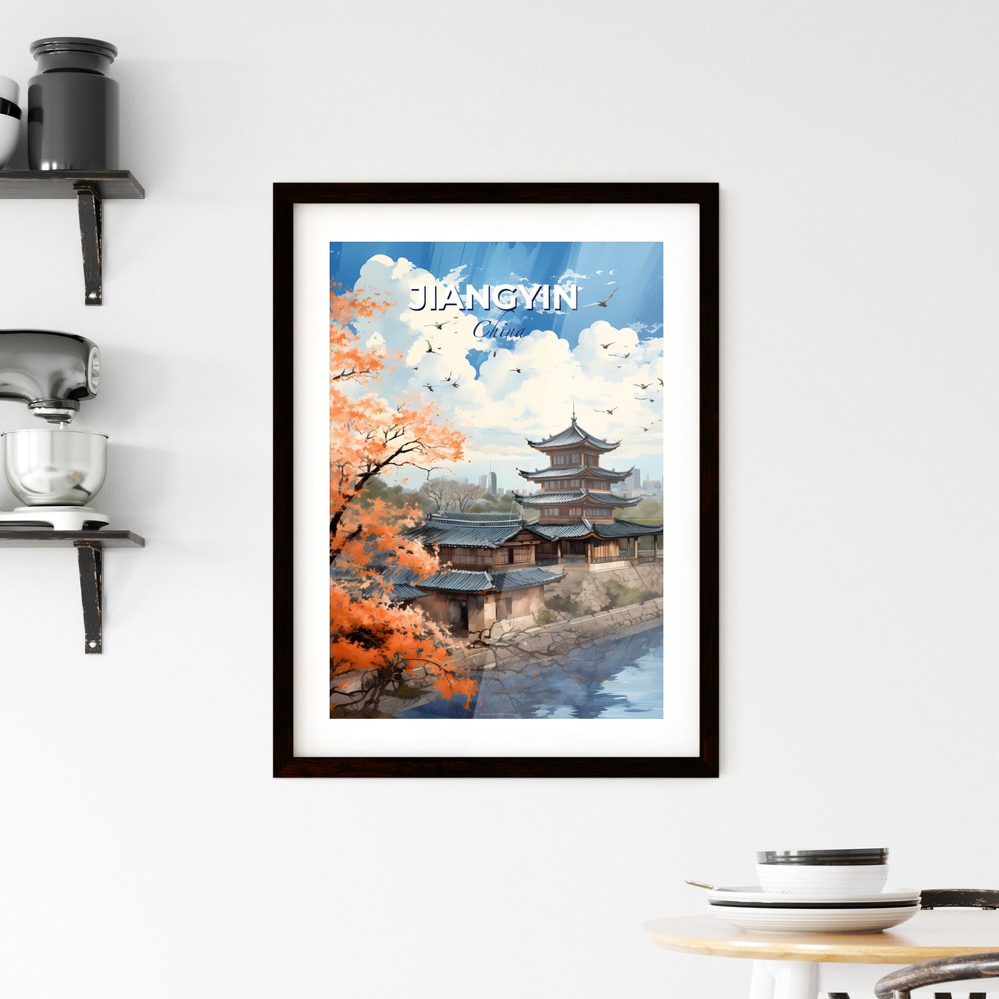 Vibrant Painting of Jiangyin City Skyline with Pagoda and Trees by Riverfront Default Title