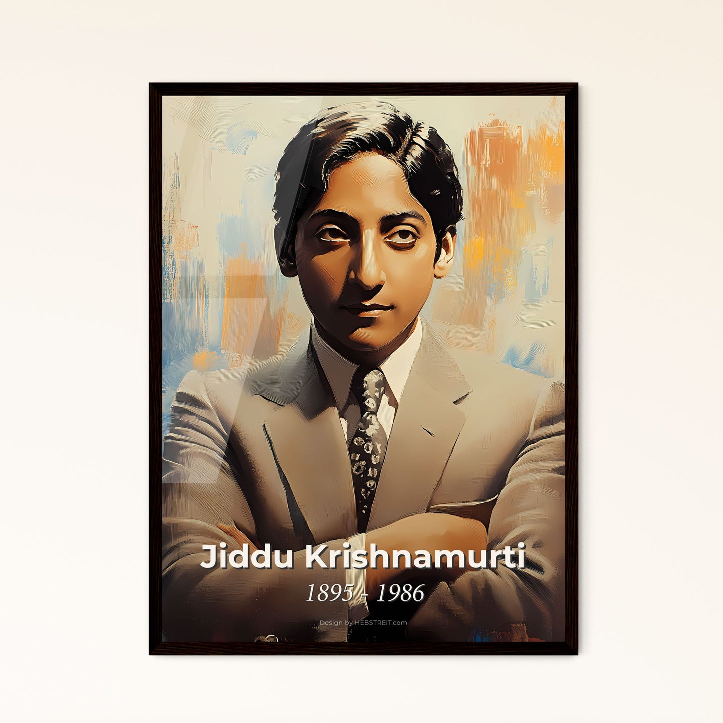 Portrait of Jiddu Krishnamurti, 1895 - 1986. Impressionistic painting of a man in a suit with his arms crossed.