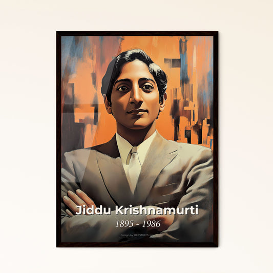 Portrait of Jiddu Krishnamurti, 1895 - 1986. Impressionistic painting of a man in a suit with his arms crossed.