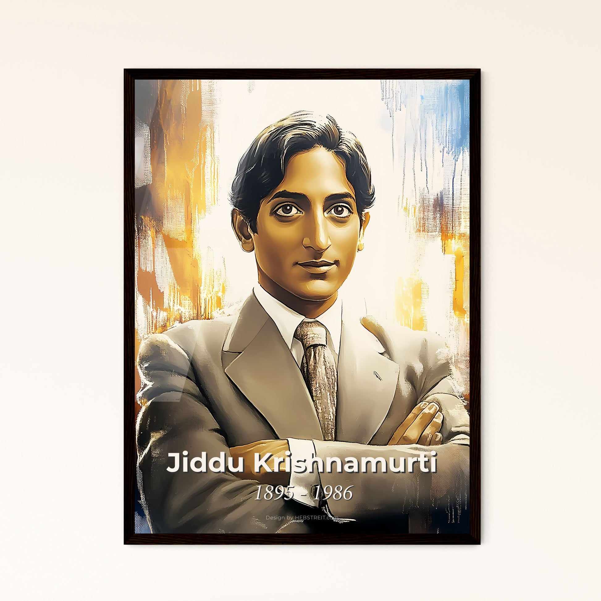 Portrait of Jiddu Krishnamurti, 1895 - 1986. Impressionistic painting of a man in a suit with his arms crossed.