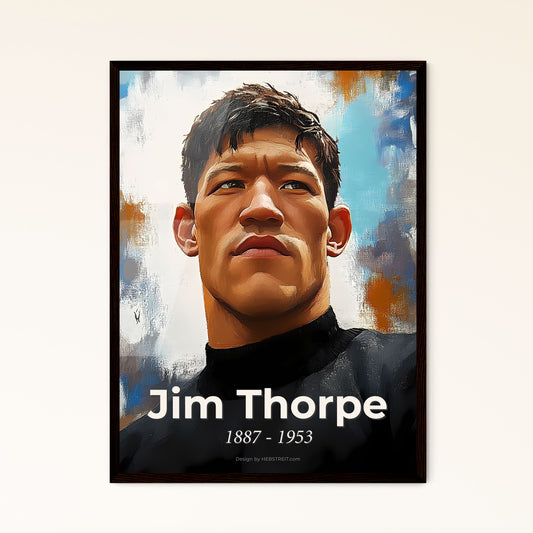 Portrait of Jim Thorpe, 1887 - 1953. Impressionistic painting of a man looking up with a serious expression.