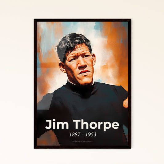 Portrait of Jim Thorpe, 1887 - 1953. Impressionistic painting of a man in a black shirt.