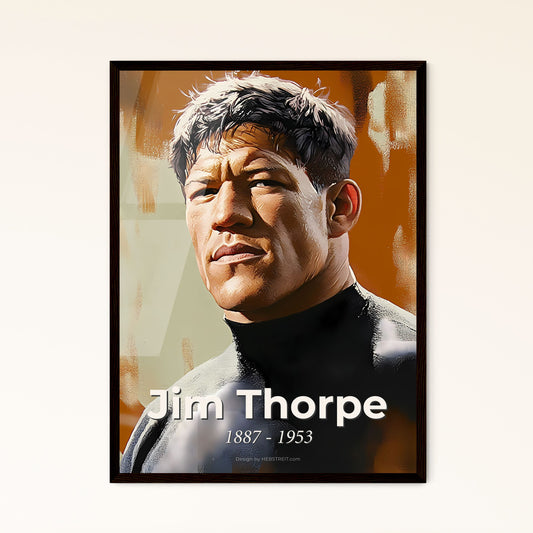 Portrait of Jim Thorpe, 1887 - 1953. Impressionistic painting of a man in a black shirt.