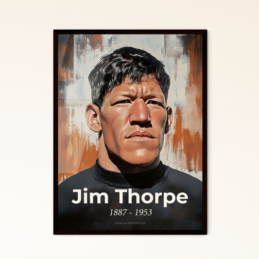 Portrait of Jim Thorpe, 1887 - 1953. Impressionistic painting of a man in a black shirt.