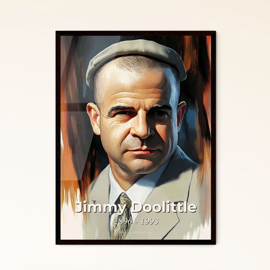 Portrait of Jimmy Doolittle, 1896 - 1993. Impressionistic painting of a man in a suit and hat.