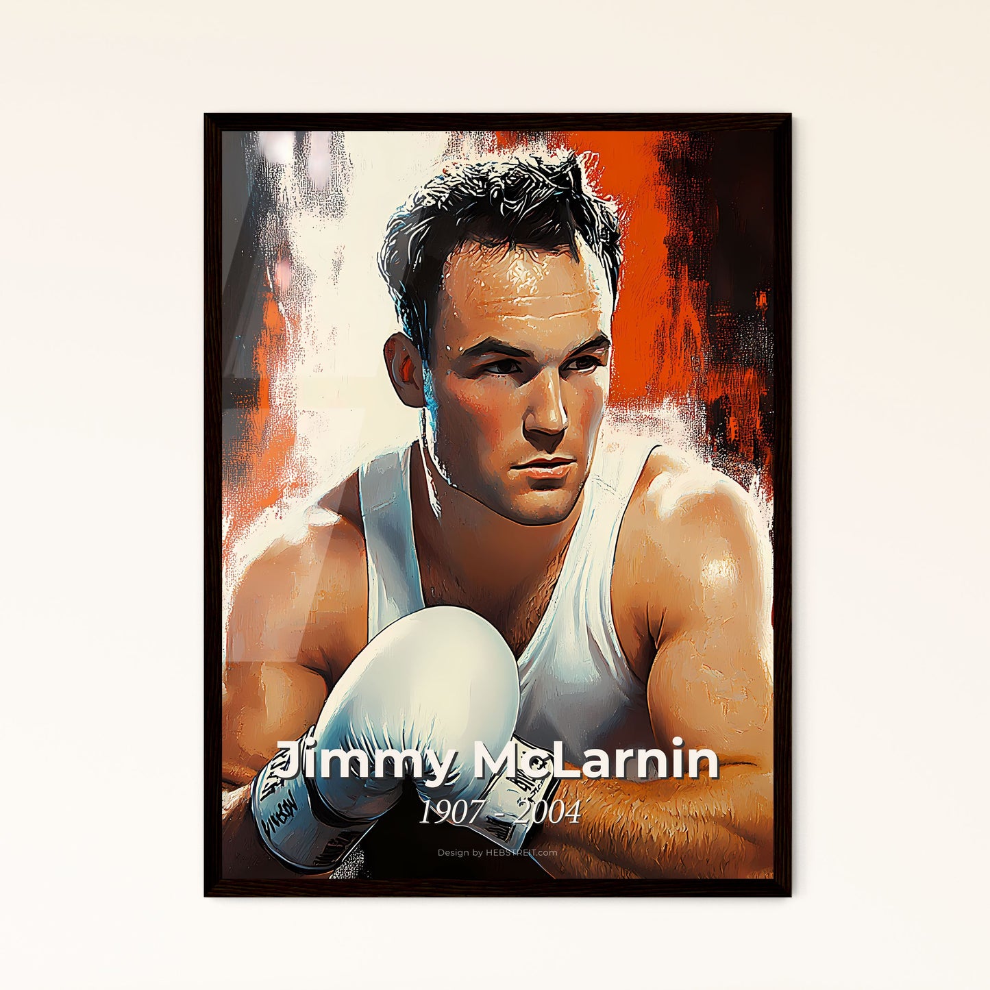 Portrait of Jimmy McLarnin, 1907 - 2004. Impressionistic painting of a man wearing boxing gloves.