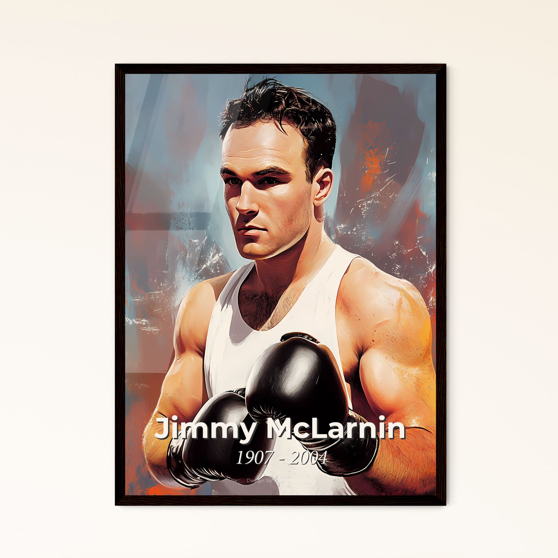 Portrait of Jimmy McLarnin, 1907 - 2004. Impressionistic painting of a man wearing boxing gloves.