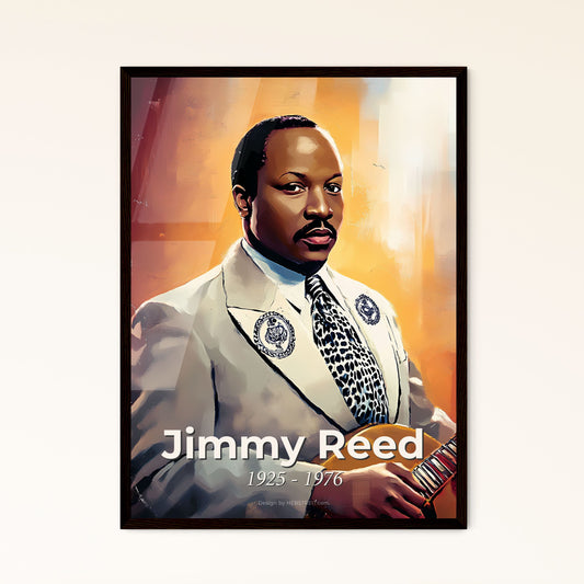 Portrait of Jimmy Reed, 1925 - 1976. Impressionistic painting of a man in a suit holding a guitar.