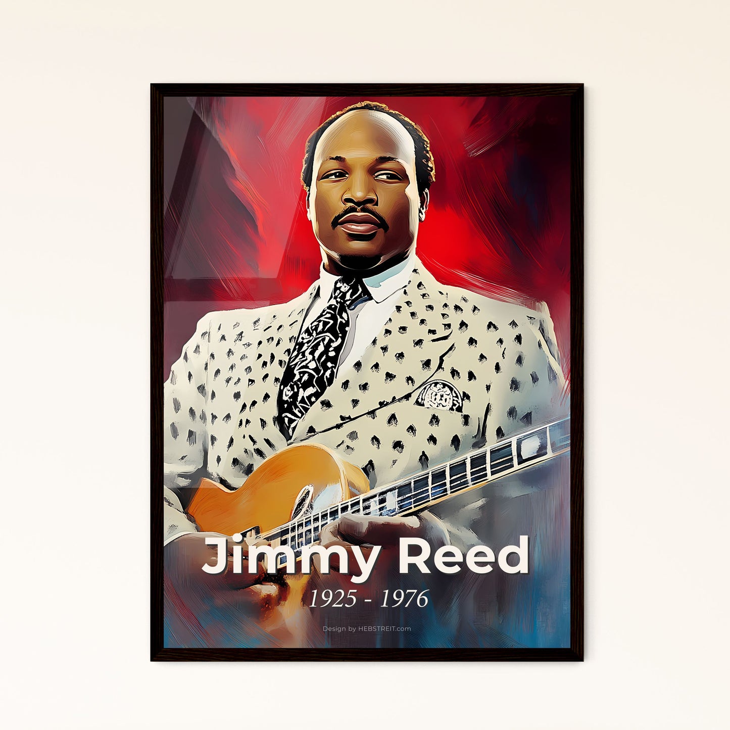 Portrait of Jimmy Reed, 1925 - 1976. Impressionistic painting of a man playing a guitar.