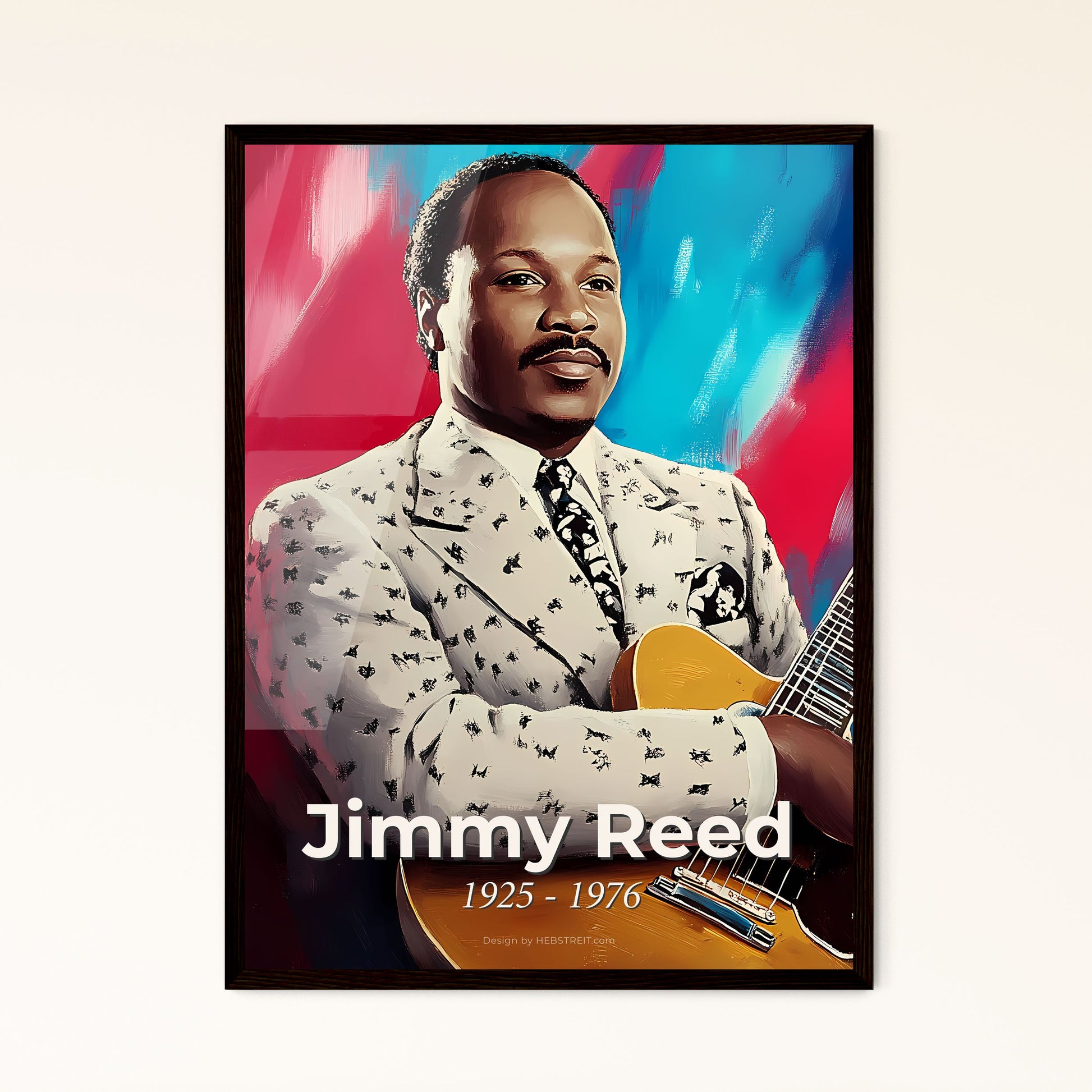 Portrait of Jimmy Reed, 1925 - 1976. Impressionistic painting of a man holding a guitar.