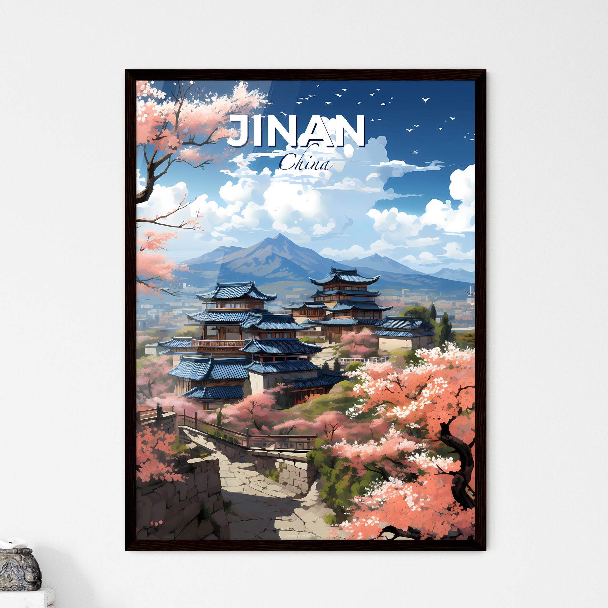 Artistic Skyline of Jinan Depicting a Building with Roof and Mountain Backdrop Default Title