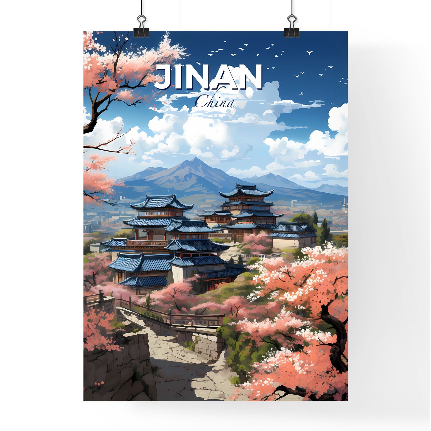 Artistic Skyline of Jinan Depicting a Building with Roof and Mountain Backdrop Default Title