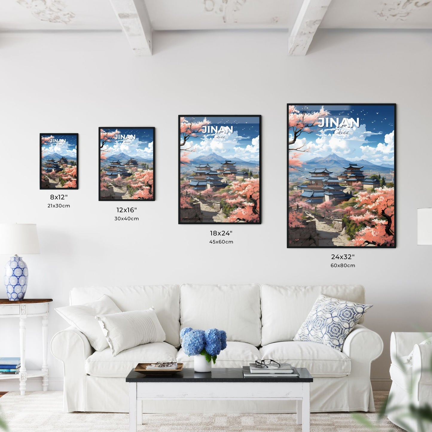 Artistic Skyline of Jinan Depicting a Building with Roof and Mountain Backdrop Default Title