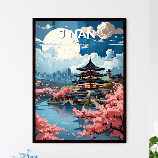 Vibrant Painting of Jinan China Skyline with Lake, Trees, and Pink Blossoms Default Title