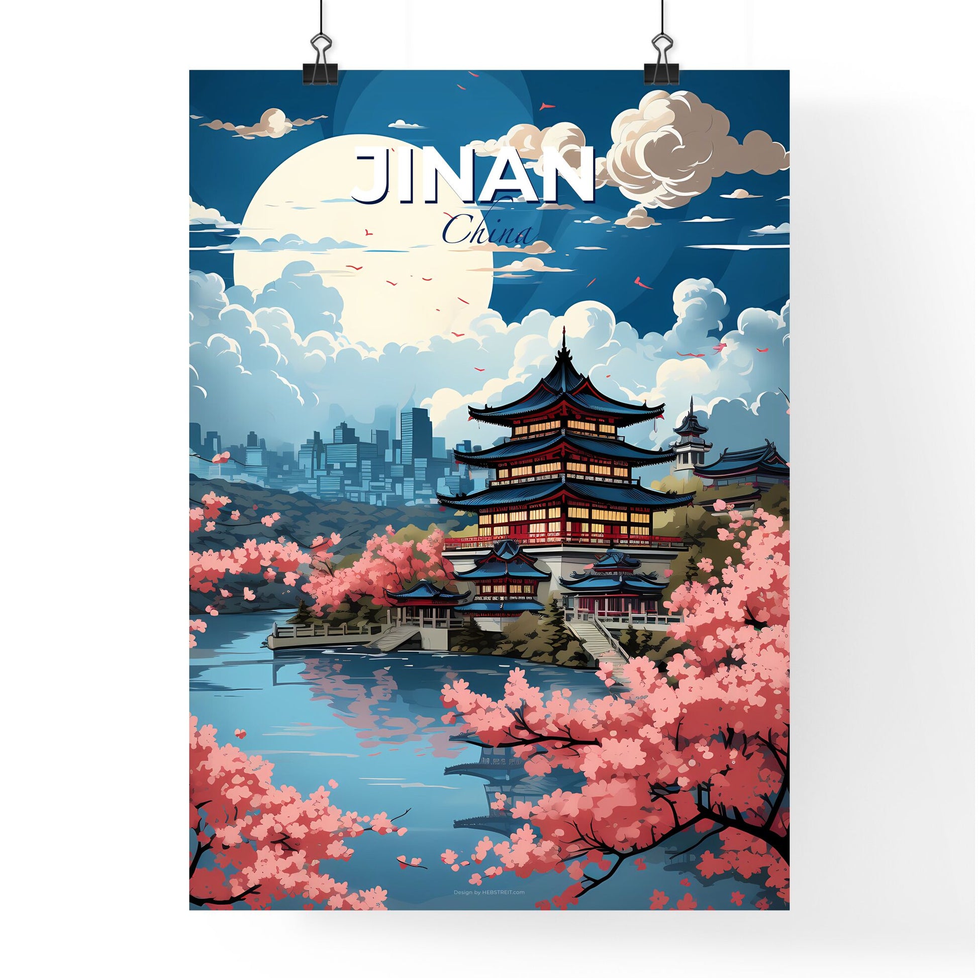 Vibrant Painting of Jinan China Skyline with Lake, Trees, and Pink Blossoms Default Title