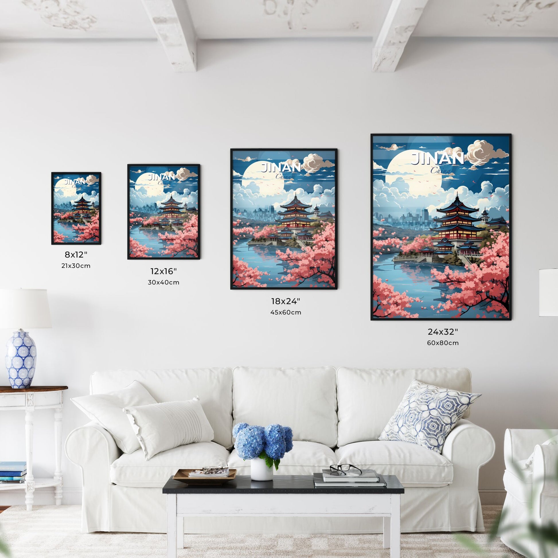 Vibrant Painting of Jinan China Skyline with Lake, Trees, and Pink Blossoms Default Title