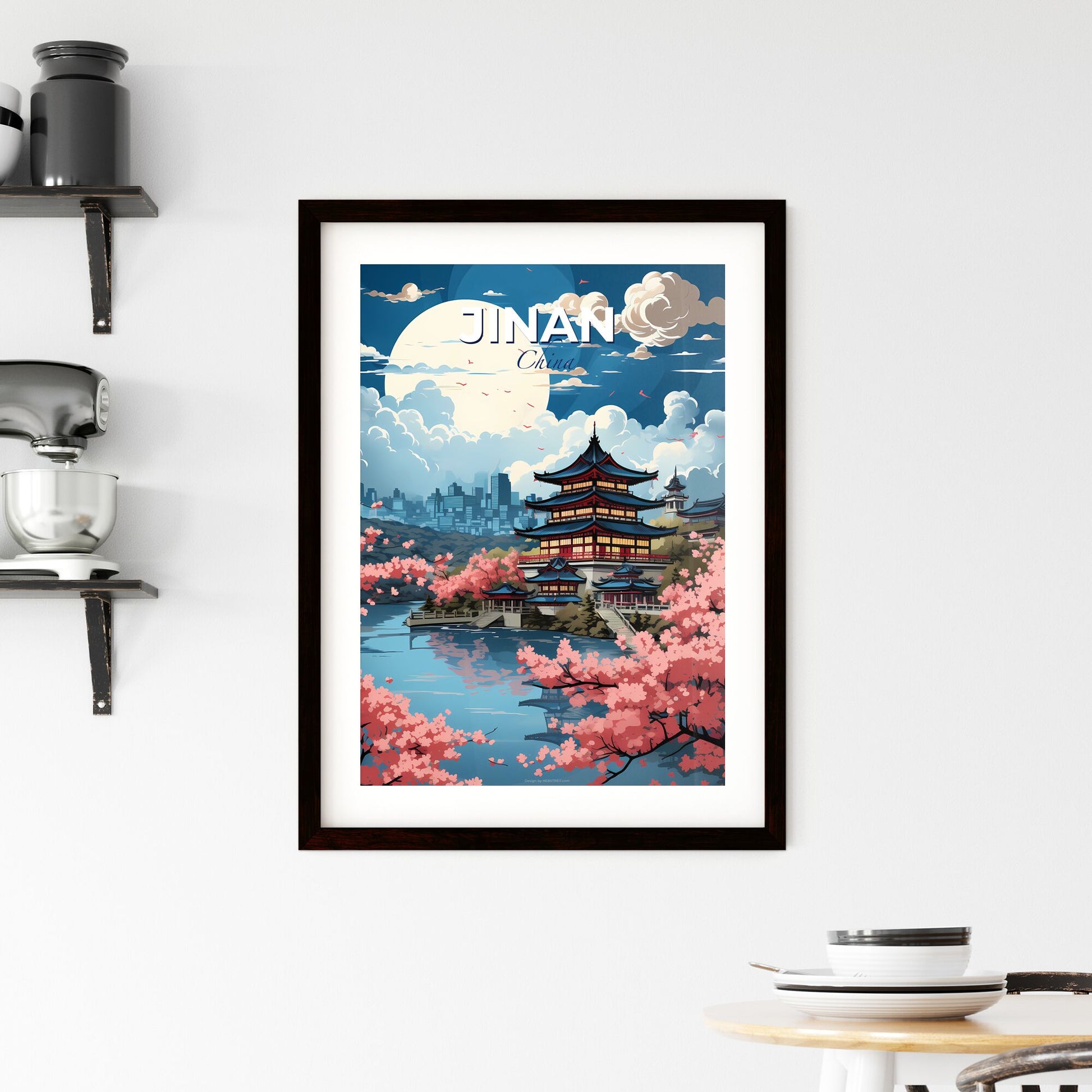 Vibrant Painting of Jinan China Skyline with Lake, Trees, and Pink Blossoms Default Title