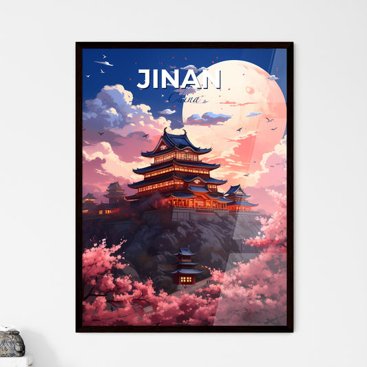 Expressive Cityscape Artwork: Jinan Skyline at Night with Hilltop Building and Majestic Moon Default Title