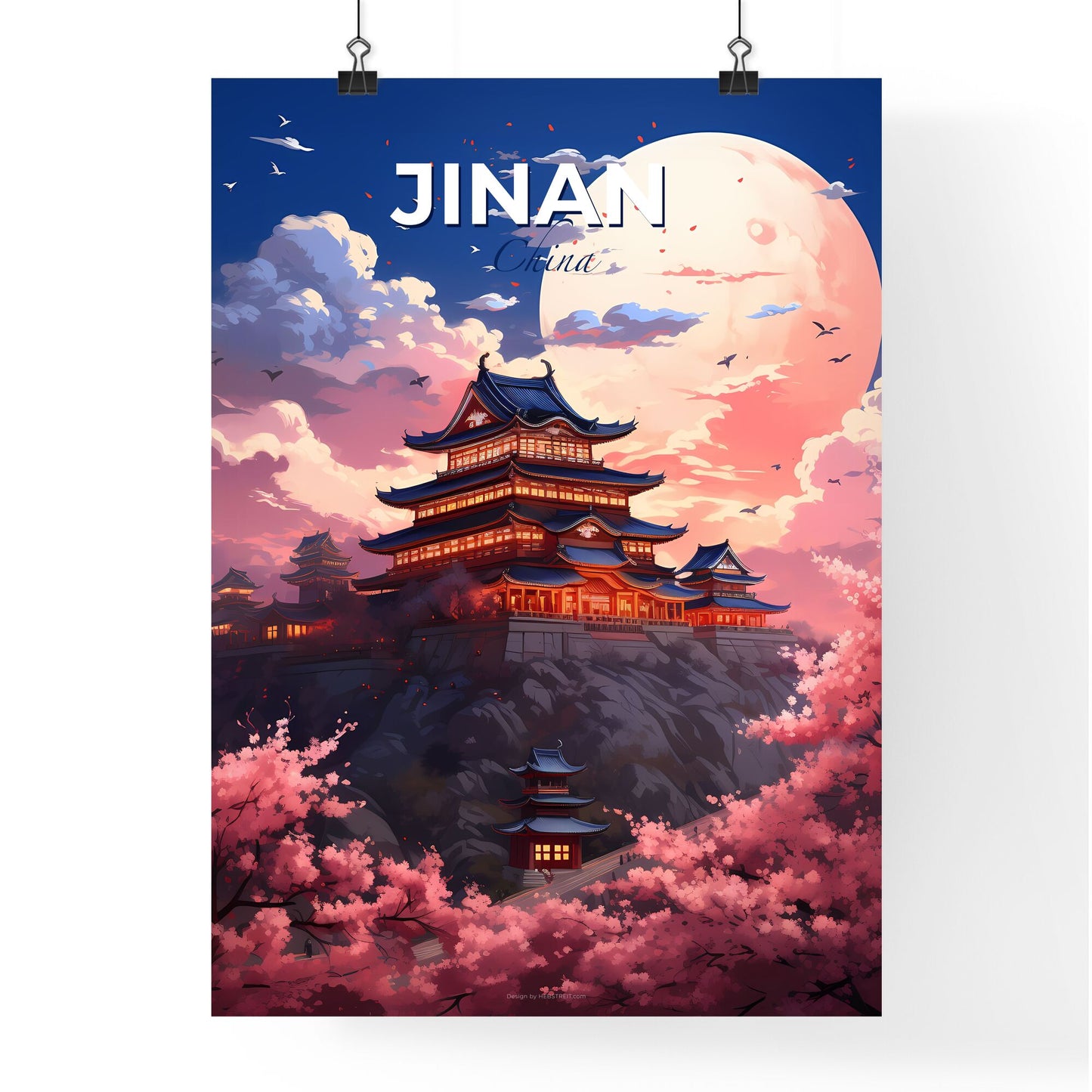 Expressive Cityscape Artwork: Jinan Skyline at Night with Hilltop Building and Majestic Moon Default Title