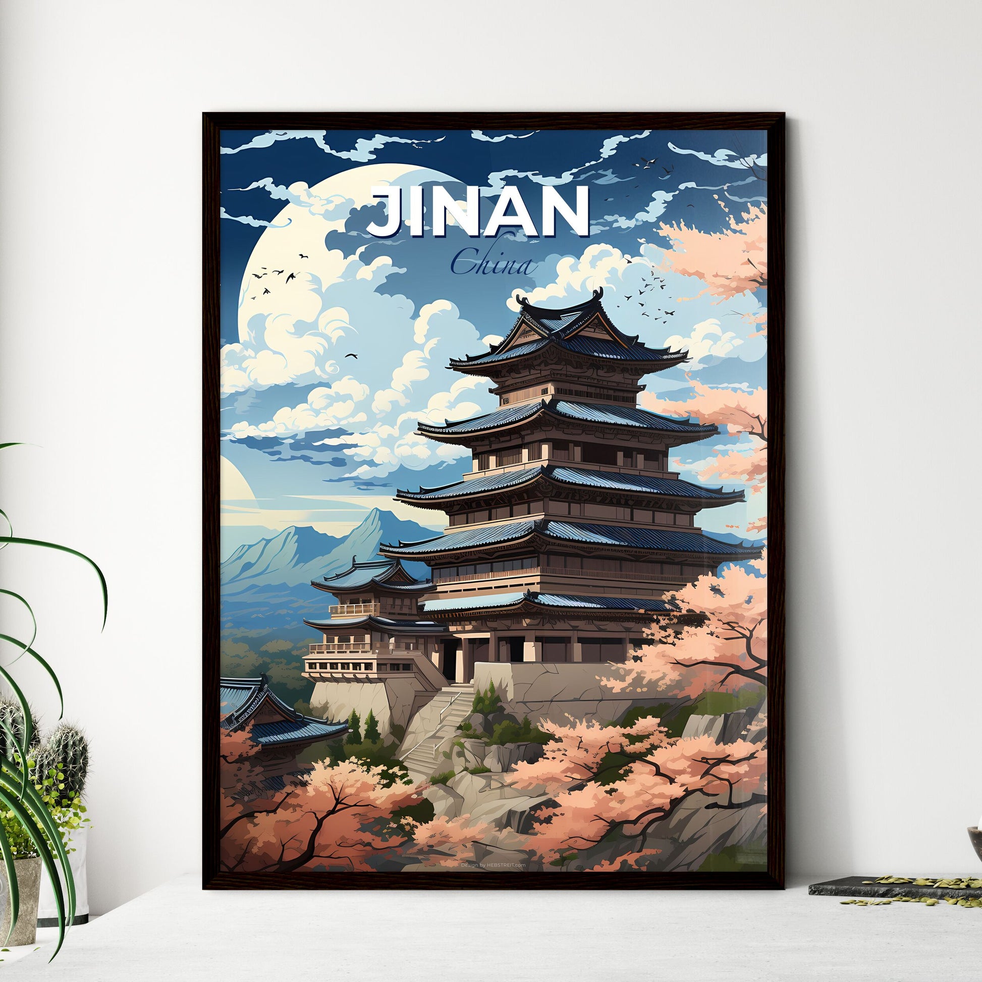 Jinan China Skyline, Traditional Pagoda, Cherry Blossoms, Asian Art Painting, Buildings Default Title