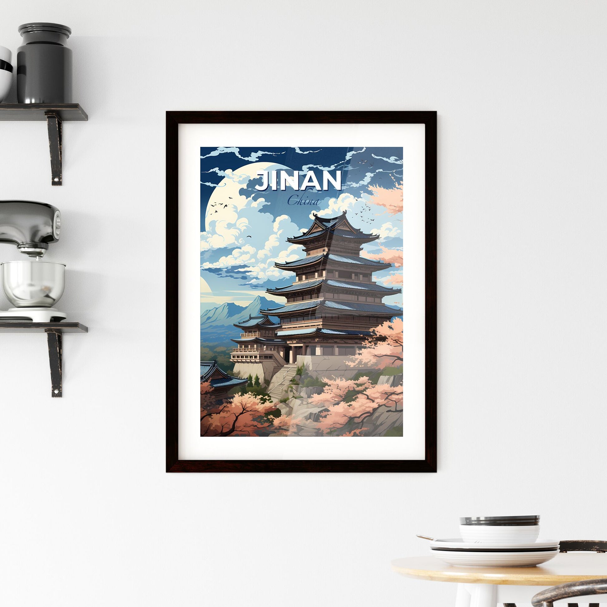 Jinan China Skyline, Traditional Pagoda, Cherry Blossoms, Asian Art Painting, Buildings Default Title