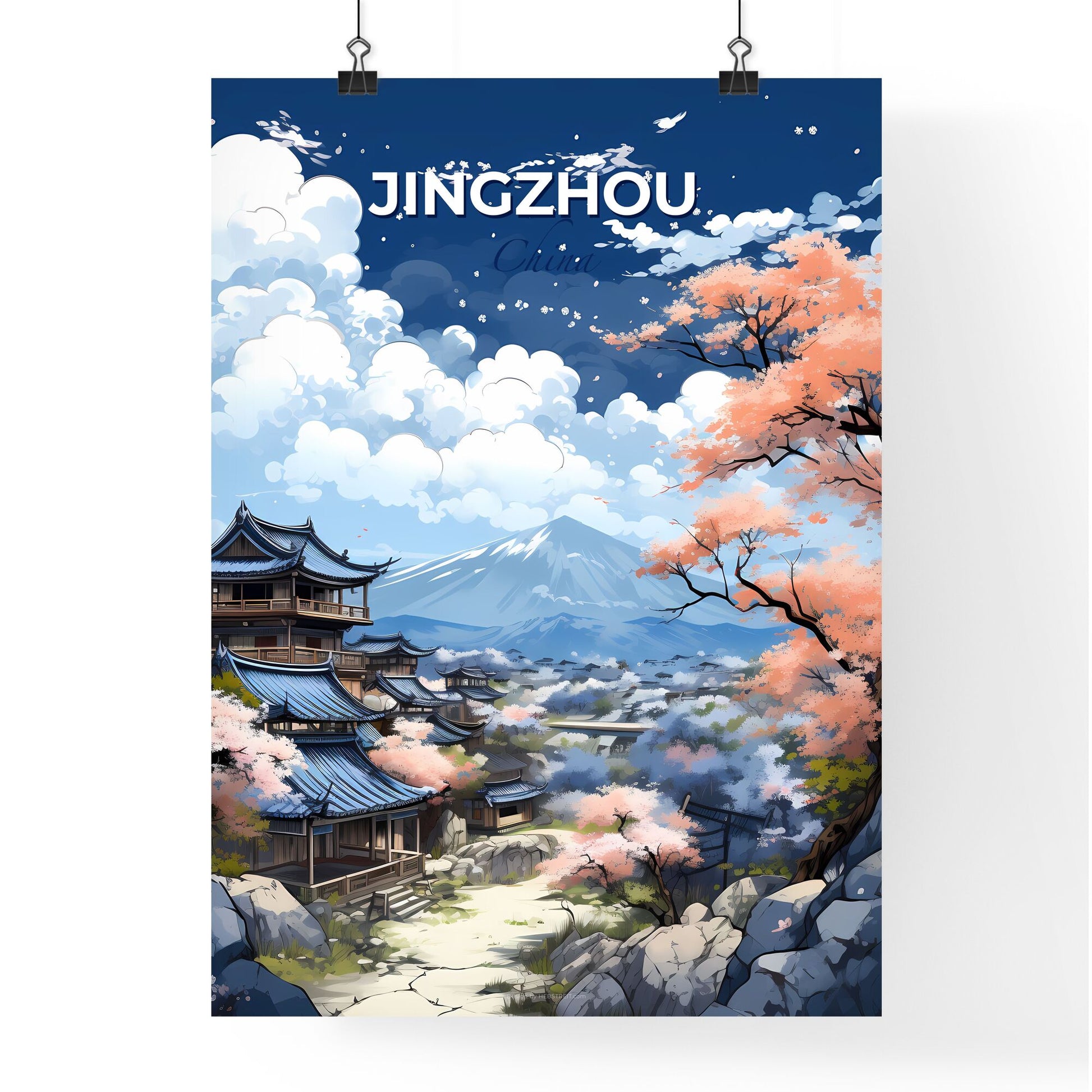 Vibrant Chinese Landscape Painting: Jingzhou City Skyline Panorama Mountain Artwork Default Title