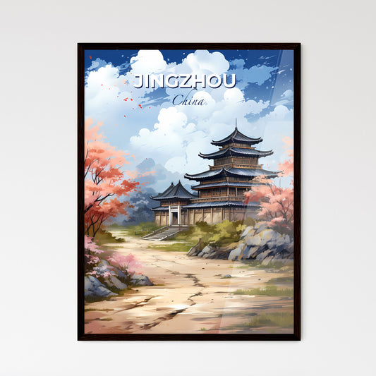 Chinese Painting of Jingzhou Skyline - Pagoda Building with Pink Flowers | Digital Art | Oriental Architecture | Traditional Chinese Art | Vibrant Colors Default Title