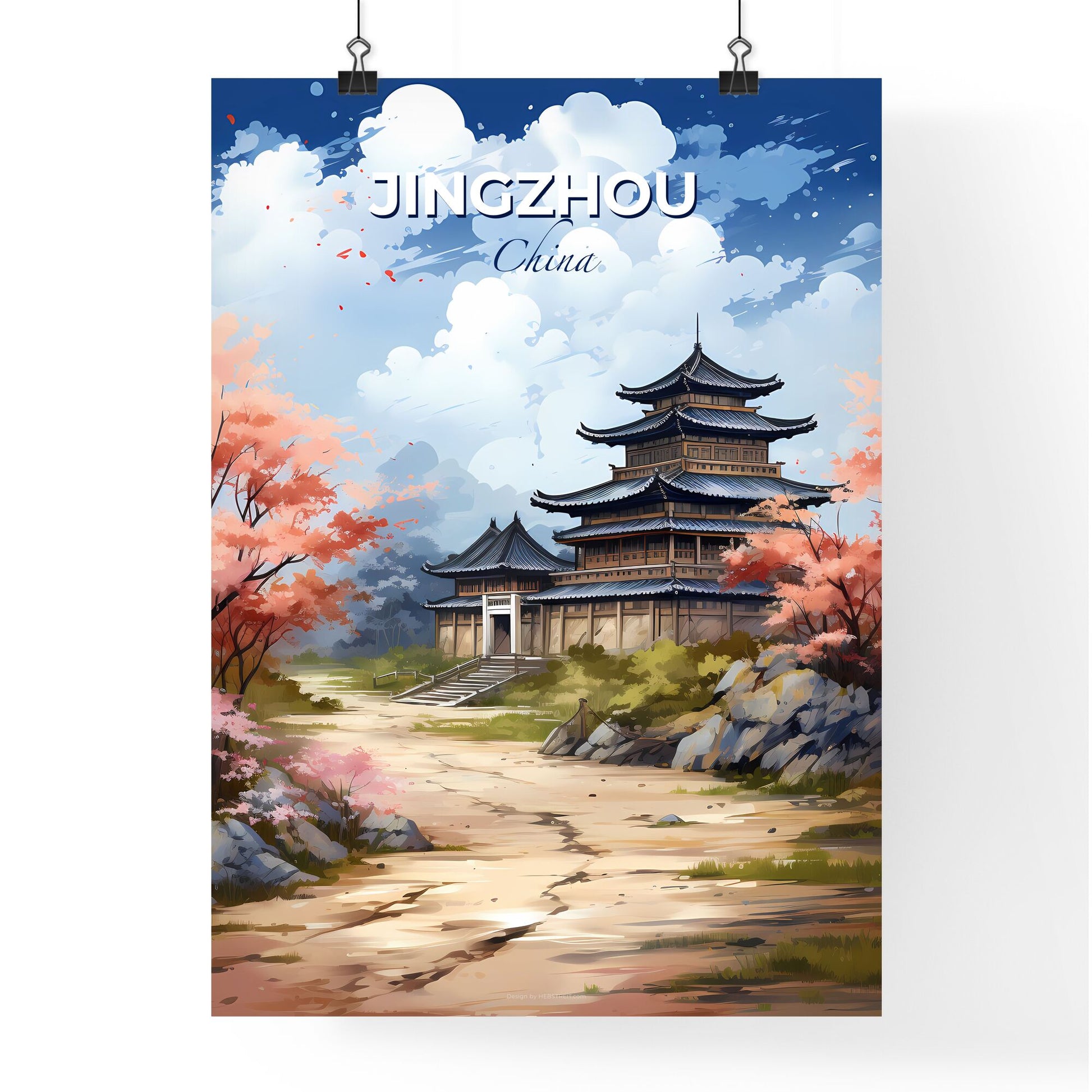 Chinese Painting of Jingzhou Skyline - Pagoda Building with Pink Flowers | Digital Art | Oriental Architecture | Traditional Chinese Art | Vibrant Colors Default Title