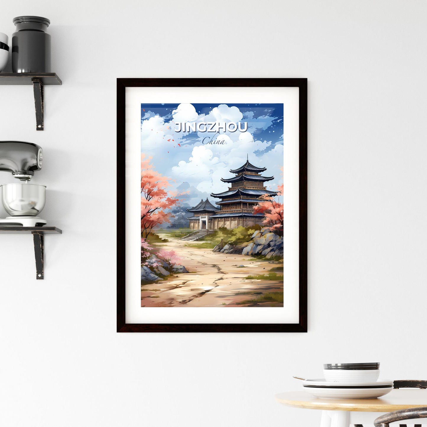 Chinese Painting of Jingzhou Skyline - Pagoda Building with Pink Flowers | Digital Art | Oriental Architecture | Traditional Chinese Art | Vibrant Colors Default Title