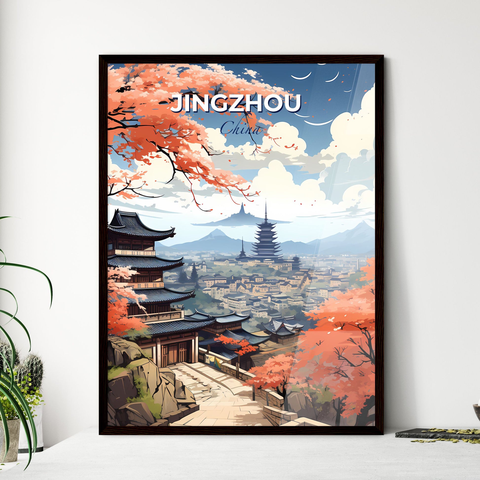 Vibrant Painting of Jingzhou China Skyline Featuring Pagoda and Mountains Default Title