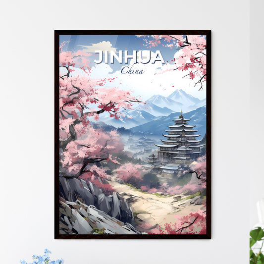 Panoramic landscape painting of Jinhua skyline showcasing pagoda mountains and blooming pink blossoms in an artistic style Default Title