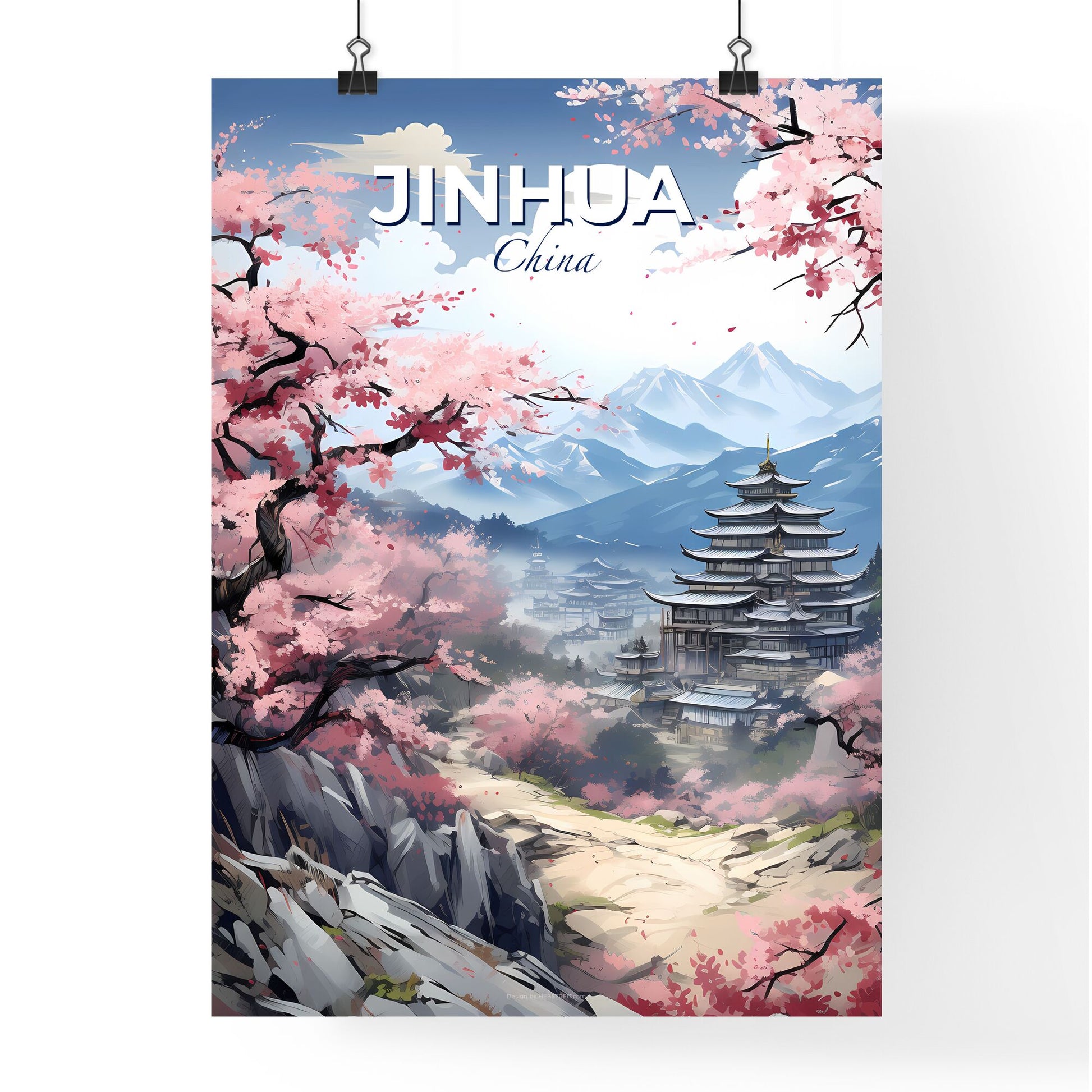 Panoramic landscape painting of Jinhua skyline showcasing pagoda mountains and blooming pink blossoms in an artistic style Default Title