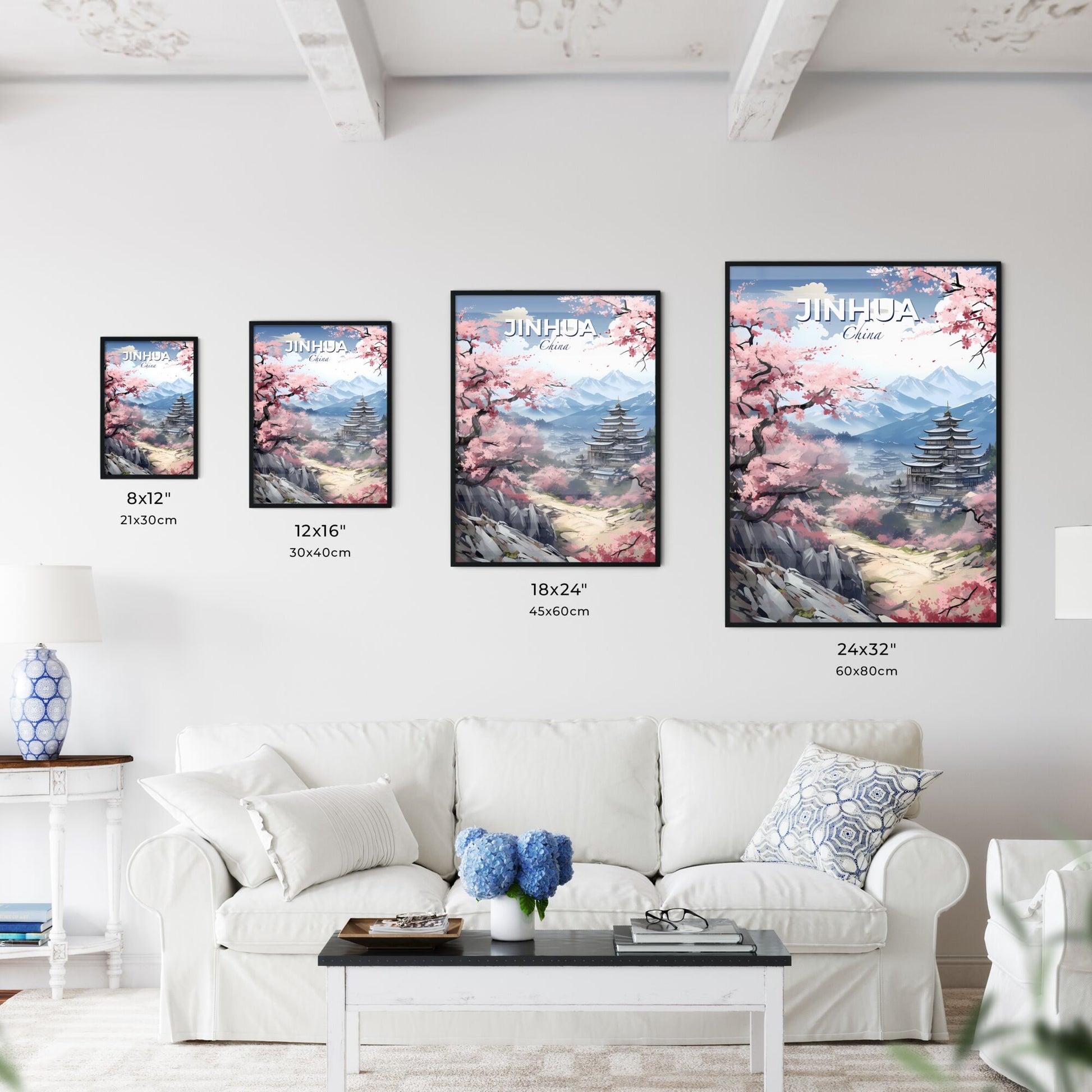 Panoramic landscape painting of Jinhua skyline showcasing pagoda mountains and blooming pink blossoms in an artistic style Default Title