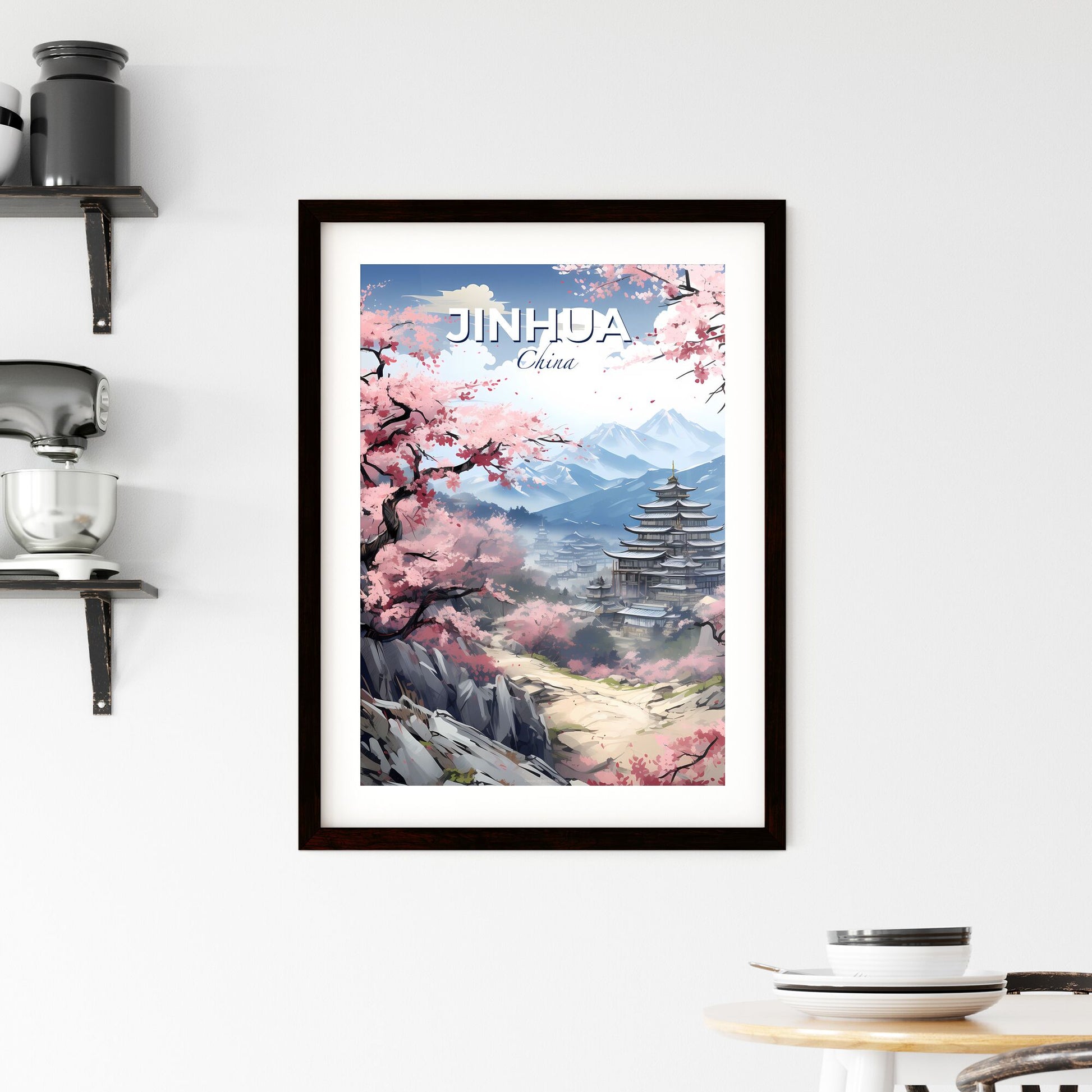 Panoramic landscape painting of Jinhua skyline showcasing pagoda mountains and blooming pink blossoms in an artistic style Default Title