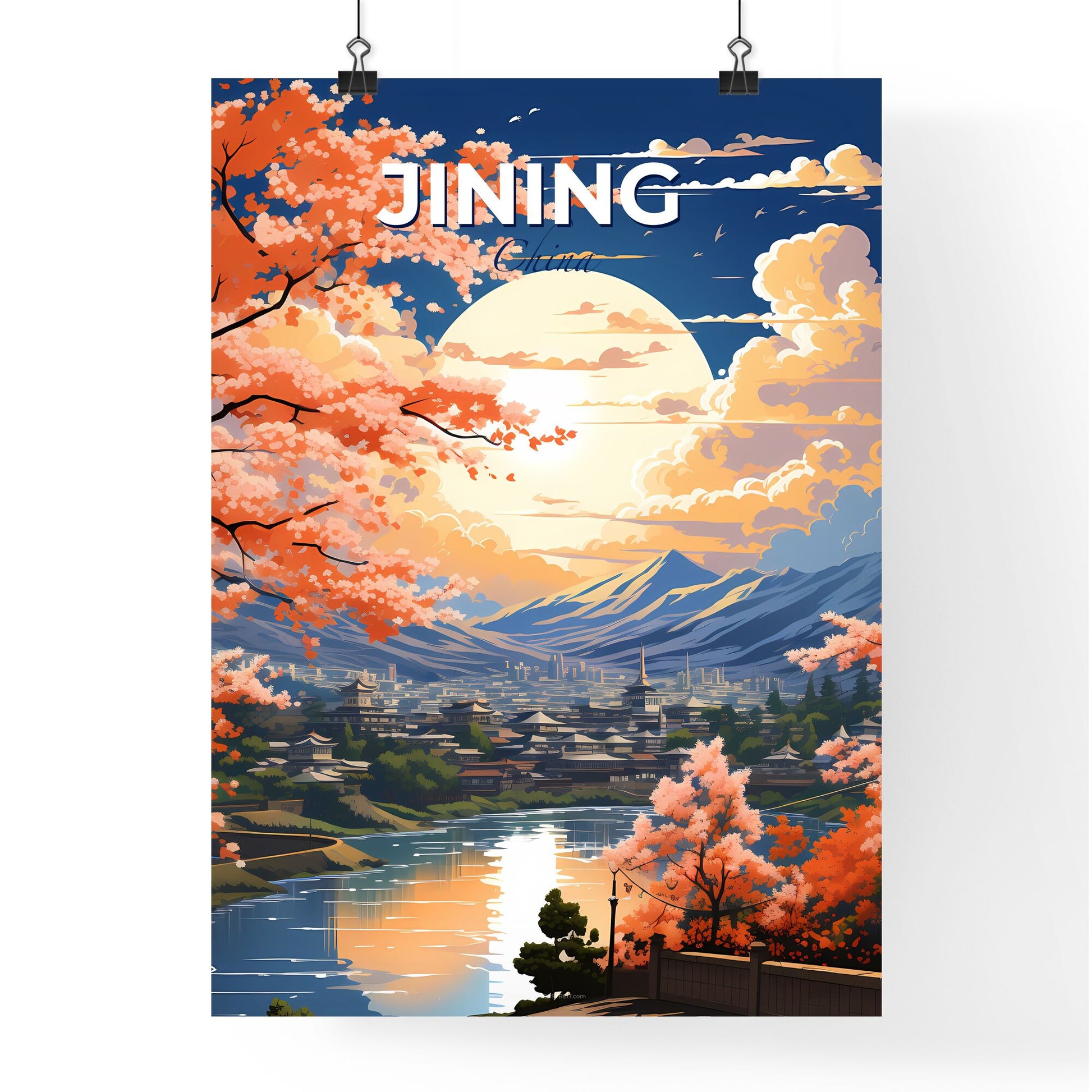 Vibrant River City Landscape of Jining China Skyline Painting Artwork Default Title