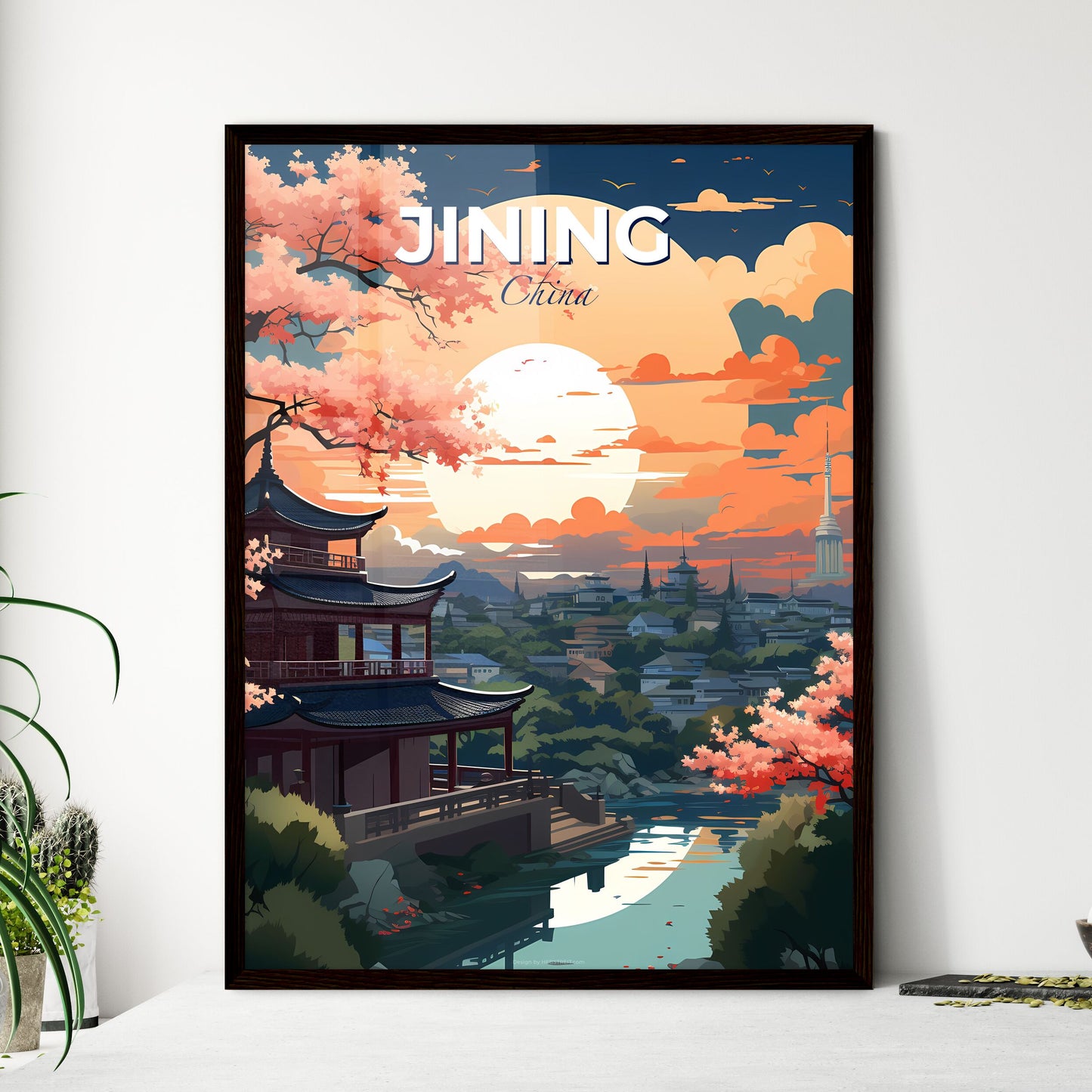 Expressive Art: Skyline of Jining, China with River and Lush Greenery Default Title