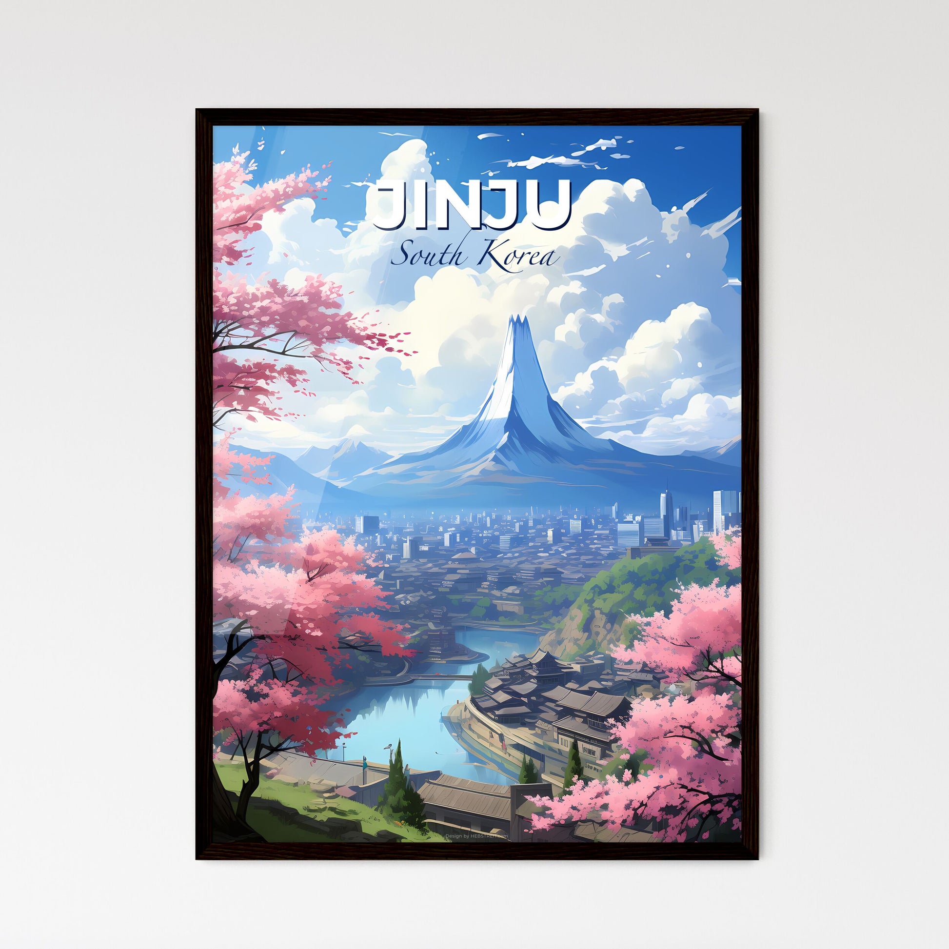 Jinju Cityscape Painting I Pink Cherry Blossoms I River I Korean Art I Urban Landscape Default Title