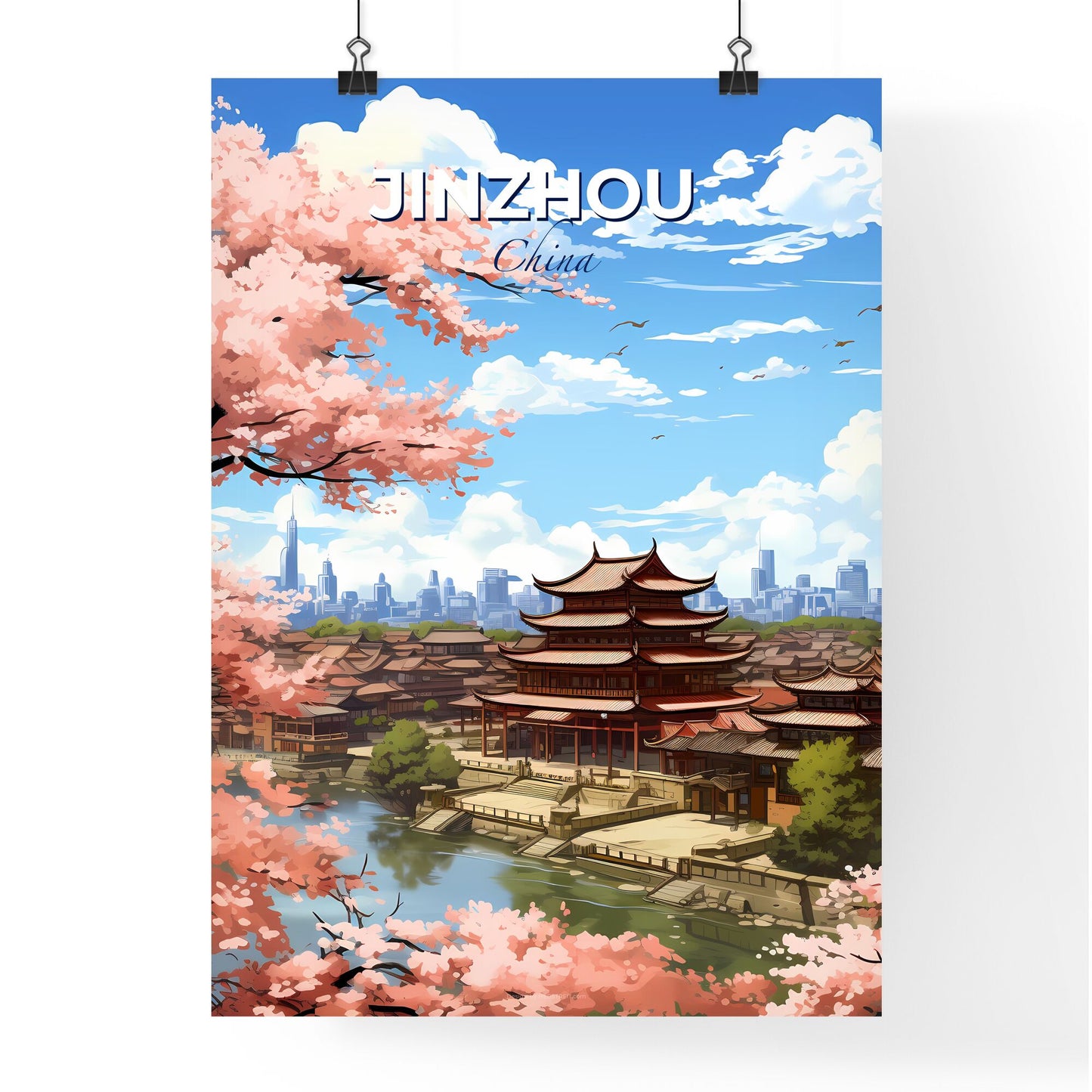 Vibrant Art Painting of Jinzhou, China's Skyline with River Banks and Lush Trees Default Title