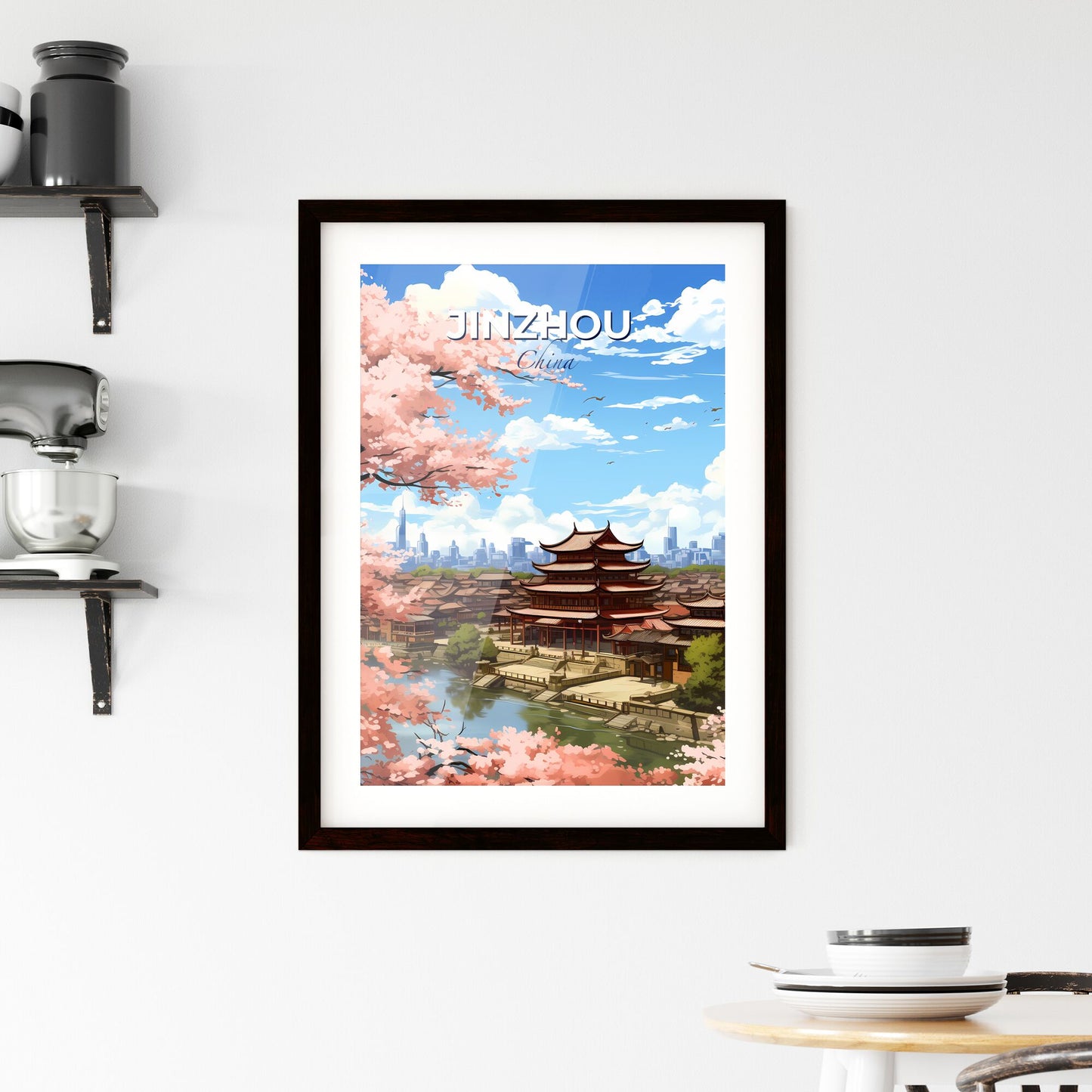 Vibrant Art Painting of Jinzhou, China's Skyline with River Banks and Lush Trees Default Title