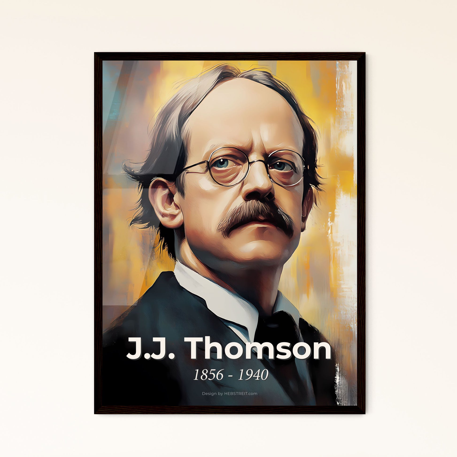 Portrait of J.J. Thomson, 1856 - 1940. Impressionistic painting of a man with a mustache wearing glasses.