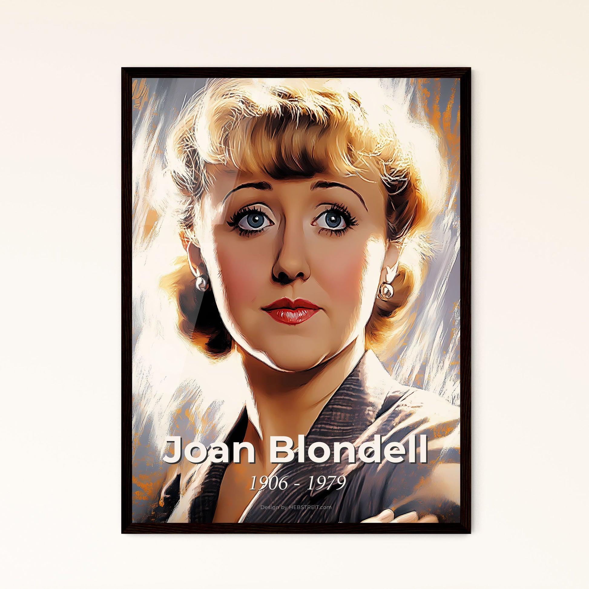 Portrait of Joan Blondell, 1906 - 1979. Impressionistic painting of a woman with blonde hair and red lipstick.