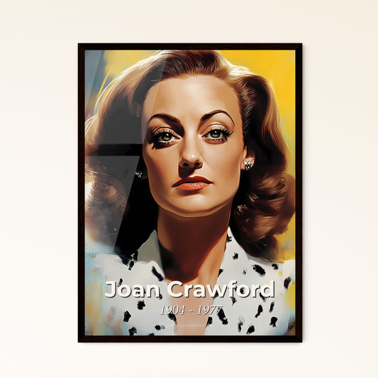 Portrait of Joan Crawford, 1904 - 1977. Impressionistic painting of a woman with brown hair and a white shirt with black spots.