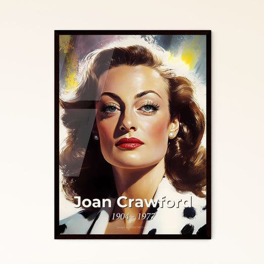 Portrait of Joan Crawford, 1904 - 1977. Impressionistic painting of a woman with red lips and curly hair.