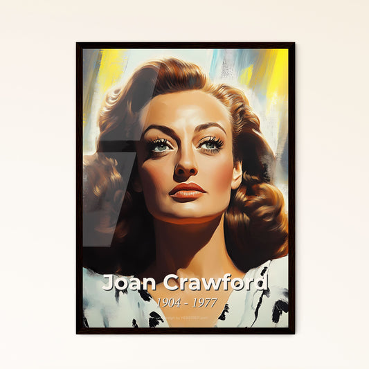 Portrait of Joan Crawford, 1904 - 1977. Impressionistic painting of a woman with long brown hair and a white shirt.