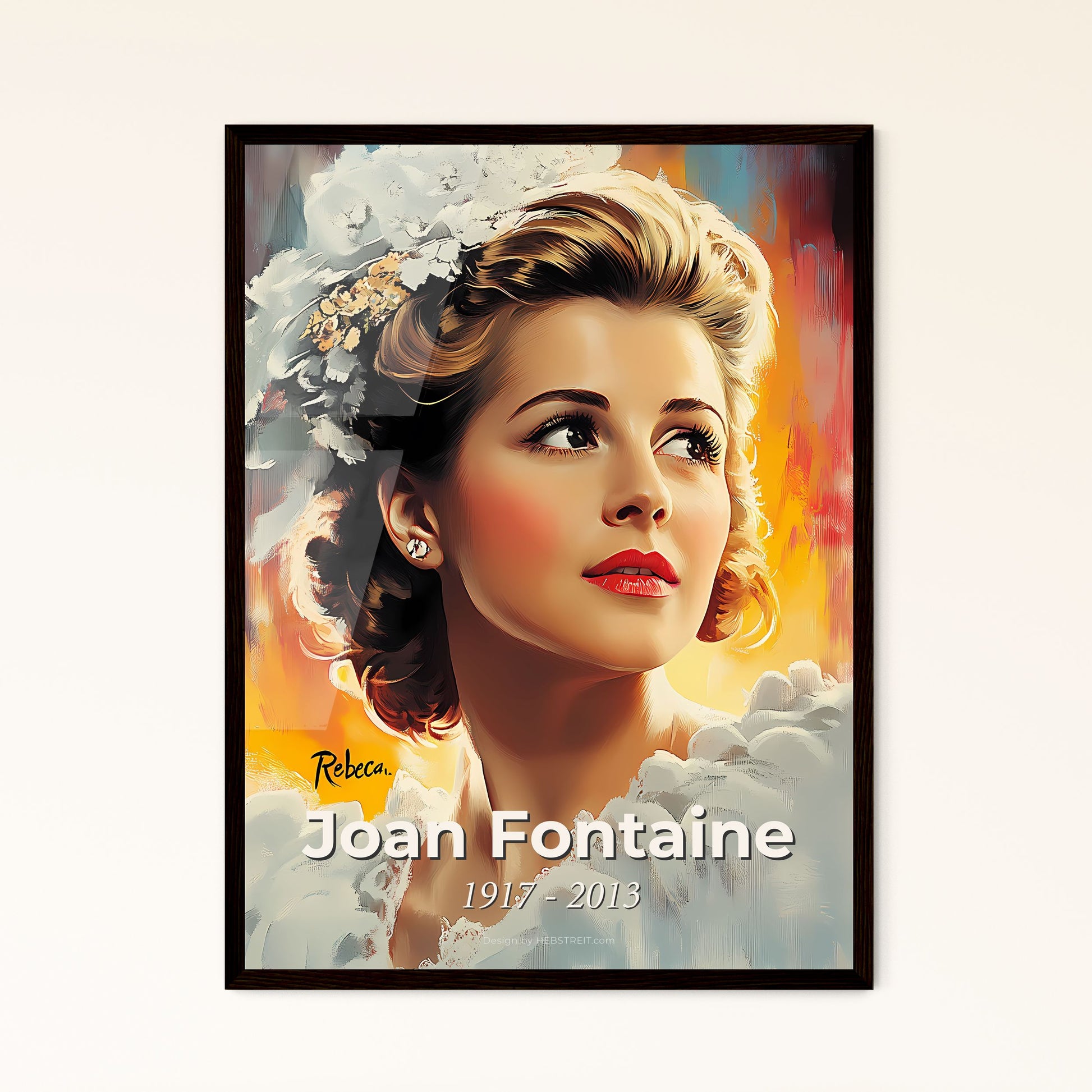 Portrait of Joan Fontaine, 1917 - 2013. Impressionistic painting of a woman in a white dress.