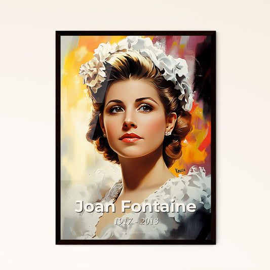 Portrait of Joan Fontaine, 1917 - 2013. Impressionistic painting of a woman with flowers in her hair.