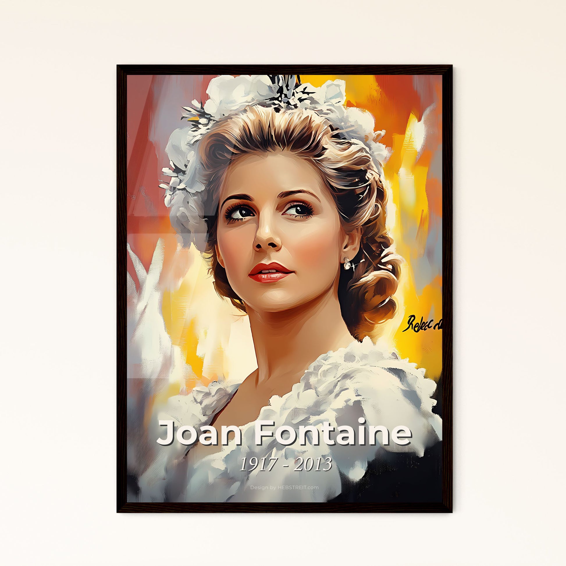 Portrait of Joan Fontaine, 1917 - 2013. Impressionistic painting of a woman with flowers in her hair.