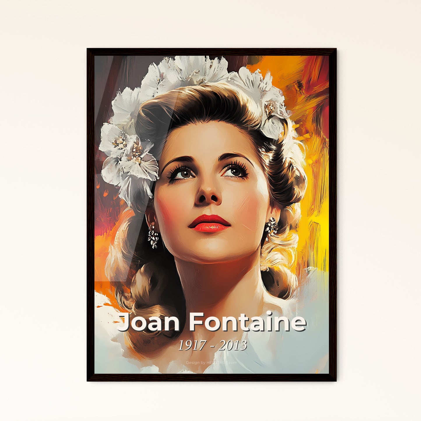 Portrait of Joan Fontaine, 1917 - 2013. Impressionistic painting of a woman with flowers in her hair.