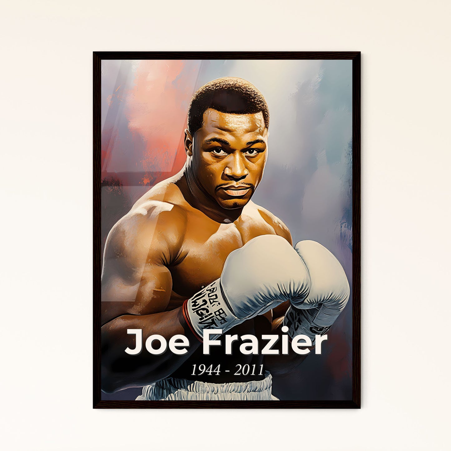 Portrait of Joe Frazier, 1944 - 2011. Impressionistic painting of a man wearing boxing gloves.