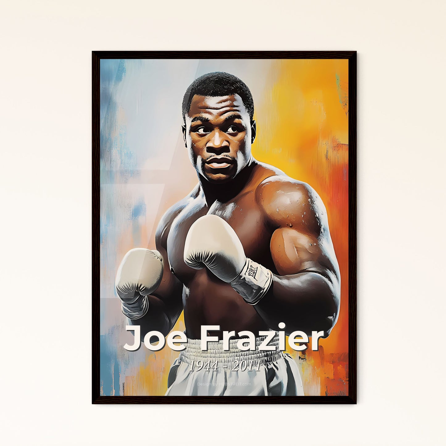 Portrait of Joe Frazier, 1944 - 2011. Impressionistic painting of a man wearing boxing gloves.